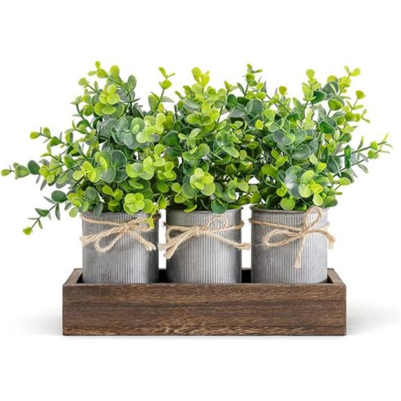 Decorative Galvanized Metal Pots Centerpiece Decor Wood Tray withfake Eucalyptus - Picture 1 of 5